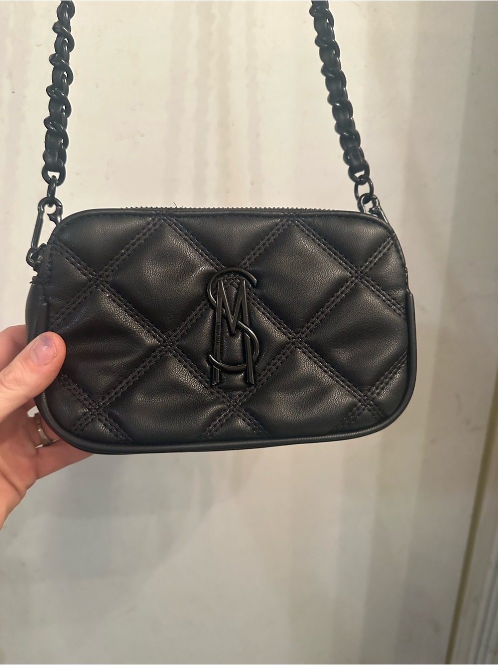 Black Quilted Leather Crossbody Camera Bag with Chain Strap